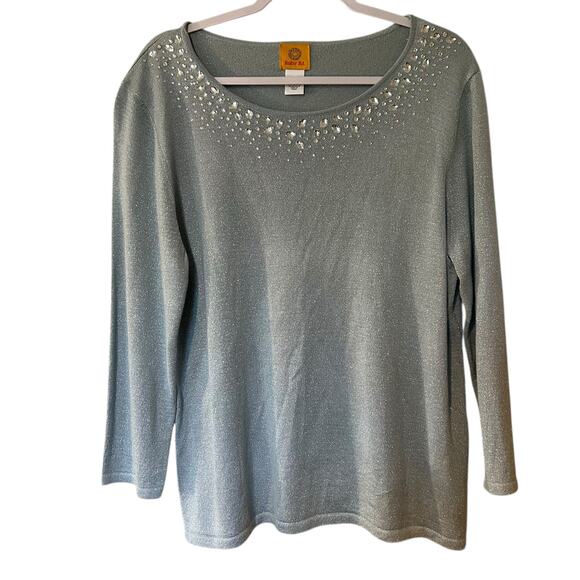 Ruby Rd. Sweater Top NWT Aqua Sparkling Metallic Rhinestones SZ XL Holidays Boho - Picture 2 of 8